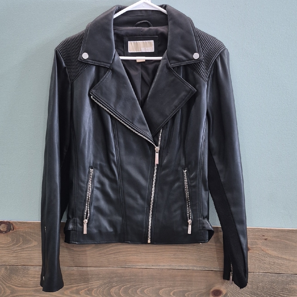 Michael Kors Black Leather Jacket with Silver Zippers